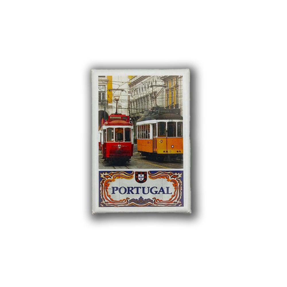 Add a touch of Portugal to your fridge with New Jamp’s "The Red & Yellow" magnet—featuring two vintage trams and historic Portuguese scenery, plus "PORTUGAL" in decorative text.