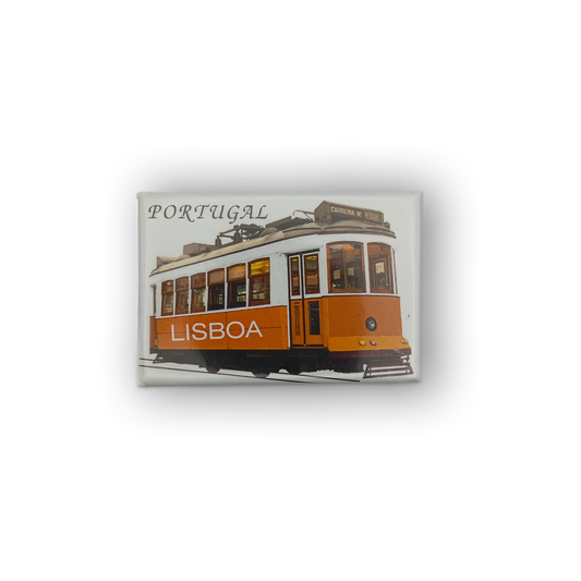 The Tram - Fridge Magnet by New Jamp showcases an old-fashioned orange tram labeled "LISBOA" with "PORTUGAL" above it, celebrating Portuguese culture on a white background with a black border.