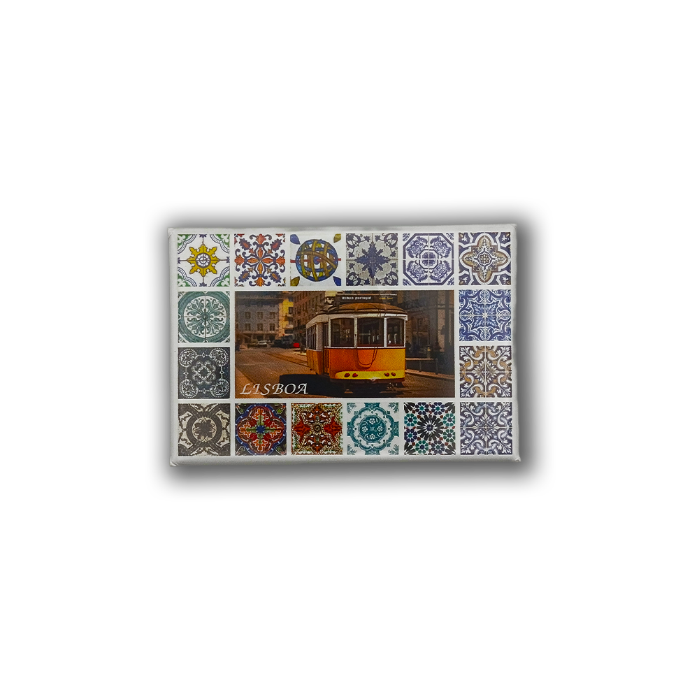 Add a touch of Lisbon to your space with New Jamp’s Tiles & Trams - Fridge Magnet, featuring a yellow tram and vibrant Portuguese tile patterns with "Lisboa" below—a charming keepsake of this iconic city.