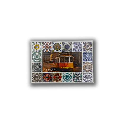 Add a touch of Lisbon to your space with New Jamp’s Tiles & Trams - Fridge Magnet, featuring a yellow tram and vibrant Portuguese tile patterns with "Lisboa" below—a charming keepsake of this iconic city.