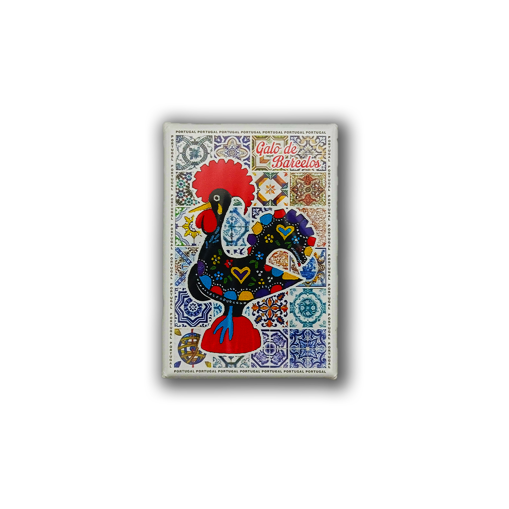 The New Jamp Barcelos Rooster Fridge Magnet showcases the colorful Galo de Barcelos with heart and flower motifs on a blue-and-white tile background, celebrating Portugal's artistic heritage.