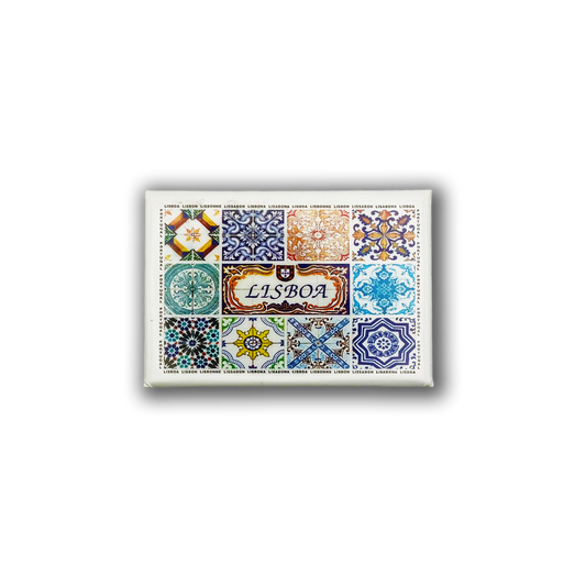 New Jamp's Vibrant Tiles - Fridge Magnet features a grid of colorful, decorative Lisbon-inspired tiles with geometric and floral patterns on a white background. "Lisboa" is displayed on the center tile.