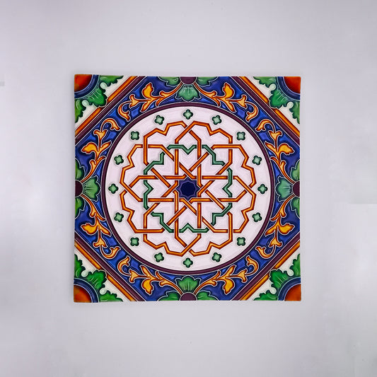 Decorative Portuguese ceramic tile featuring a vibrant, multicolored geometric pattern with intricate floral and star designs, displayed against a neutral background from Tejo Shop.