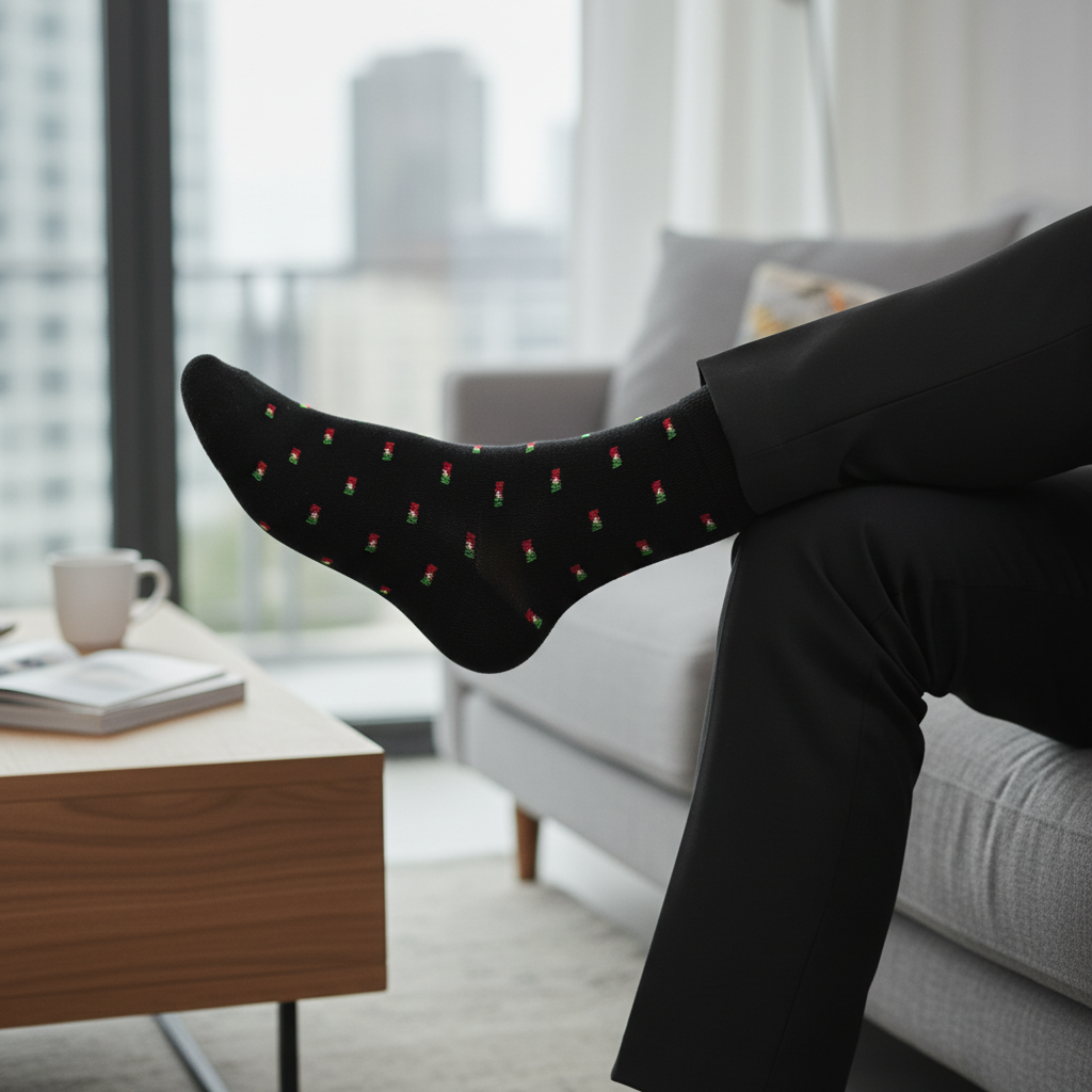 A person in dark pants sits cross-legged on a sofa, wearing Tejo Shop's Socks with a Portuguese Flag Pattern. A coffee table, cup, and open book are nearby, and large windows reveal a cityscape in the background.